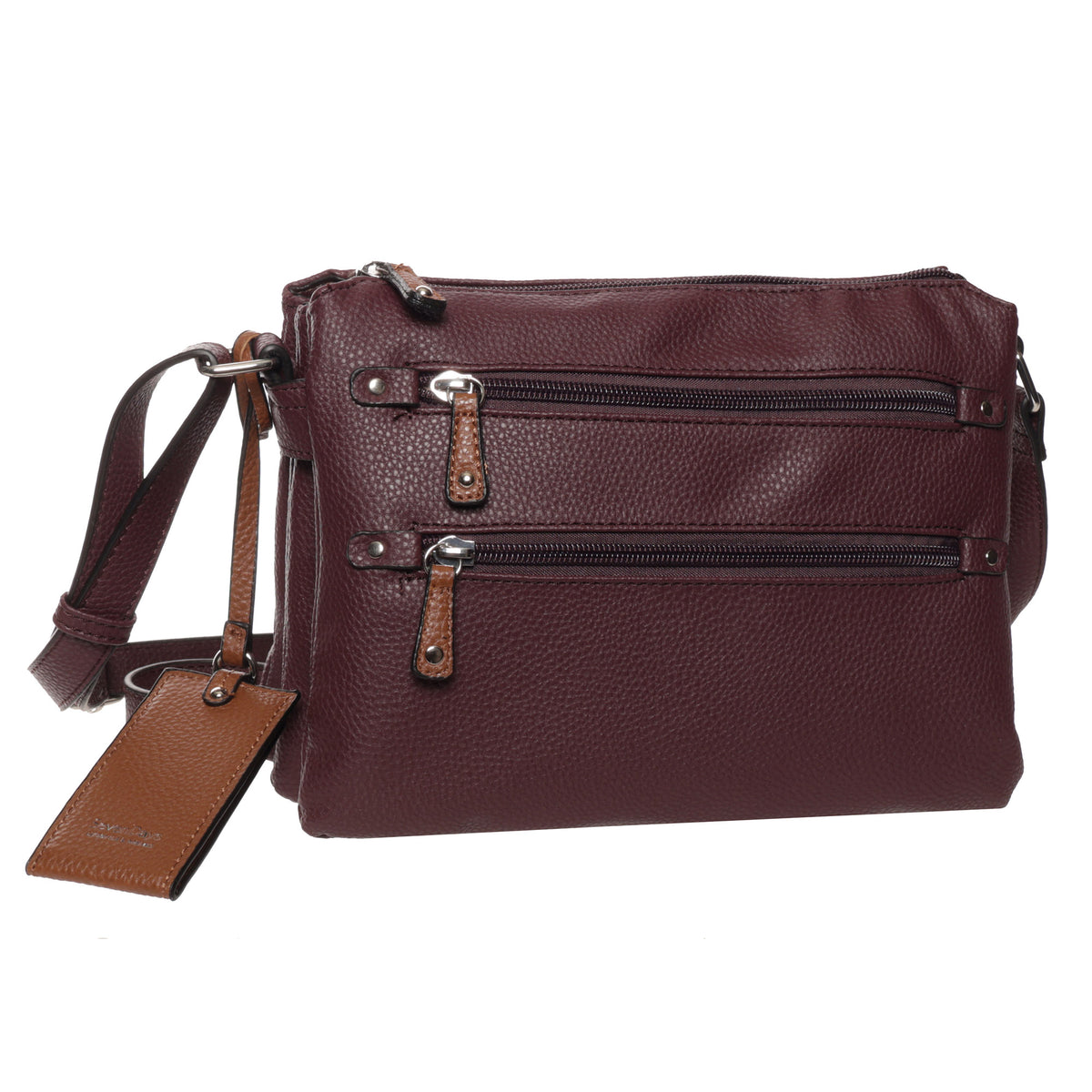 Seven Days Baobab Vegan Leather Crossbody: maroon bag with 2 front zips, adjustable strap, and luggage tag.
