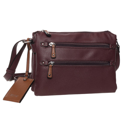 Seven Days Baobab Vegan Leather Crossbody: maroon bag with 2 front zips, adjustable strap, and luggage tag.