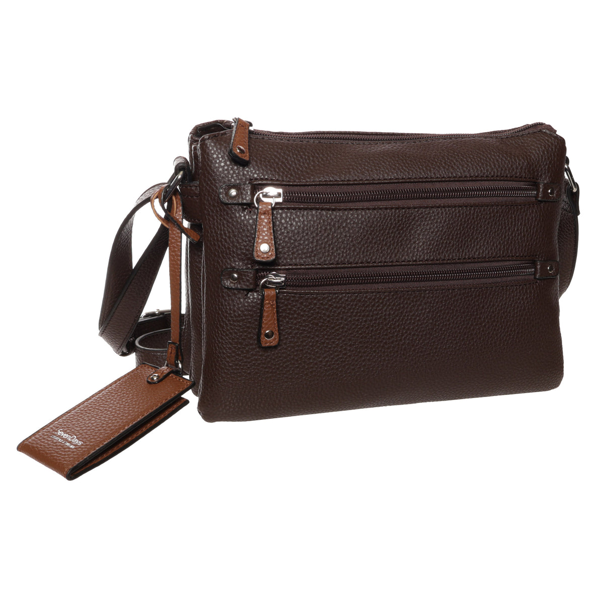 Seven Days Baobab Vegan Leather Crossbody in dark brown with double front zips and a matching brown tag.