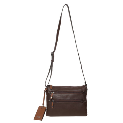 Seven Days Baobab vegan leather crossbody with two front zip pockets and an adjustable shoulder strap.