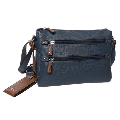 Seven Days Baobab Vegan Leather Crossbody in navy with adjustable strap, zip pockets & brown accents.