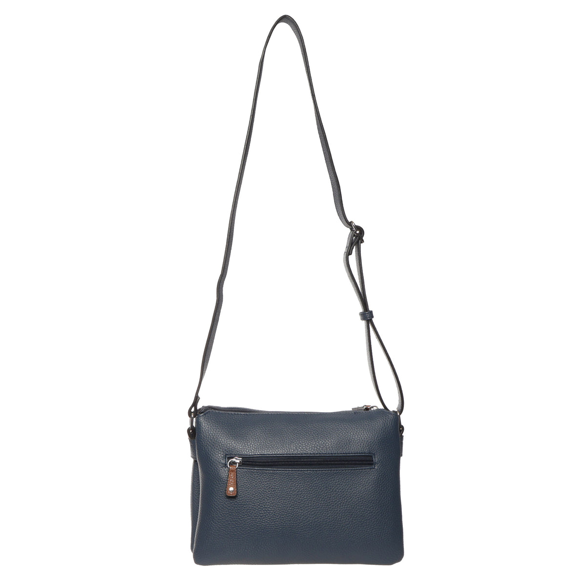 Seven Days Baobab Vegan Leather Crossbody in navy blue, with front zipper pocket & adjustable strap. Brand: Seven Days.