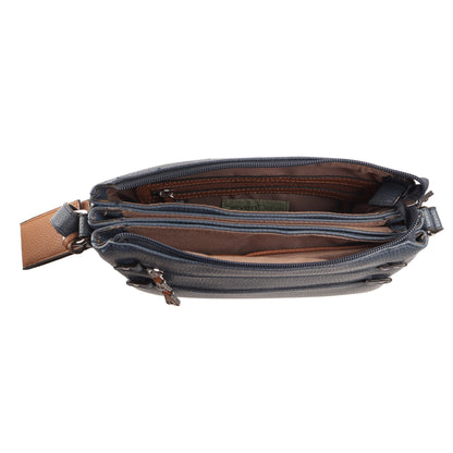 Top view of the Seven Days Baobab Vegan Leather Crossbody with adjustable strap and brown-lined compartments.
