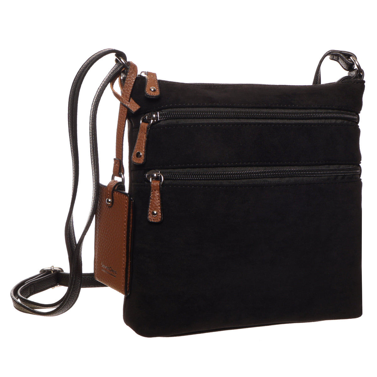 Seven Days Ghost Gum crossbody: black faux suede, 2 front zips, brown accents, adjustable strap.