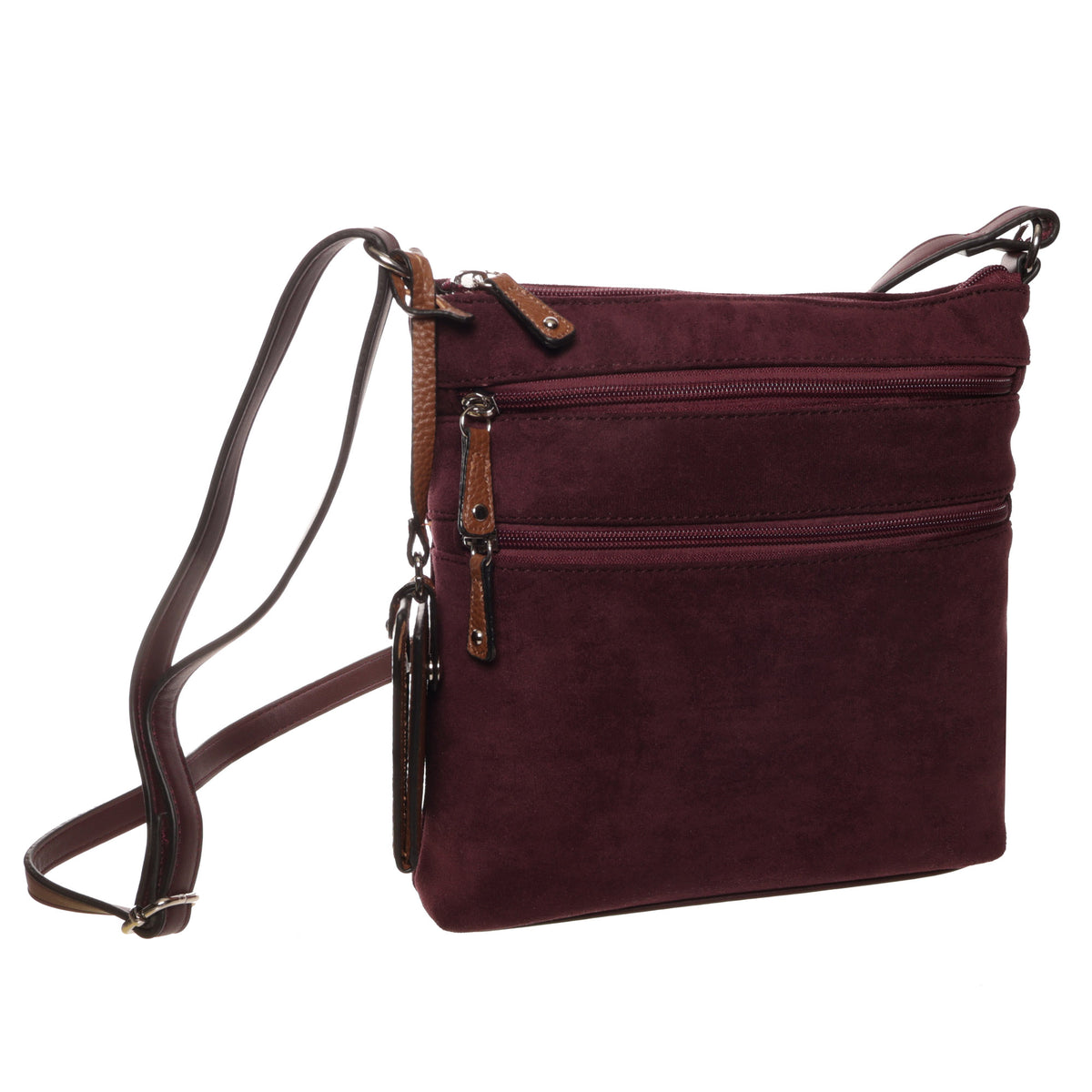 Seven Days Ghost Gum Faux Suede Crossbody with storage pockets and an adjustable brown leather strap.