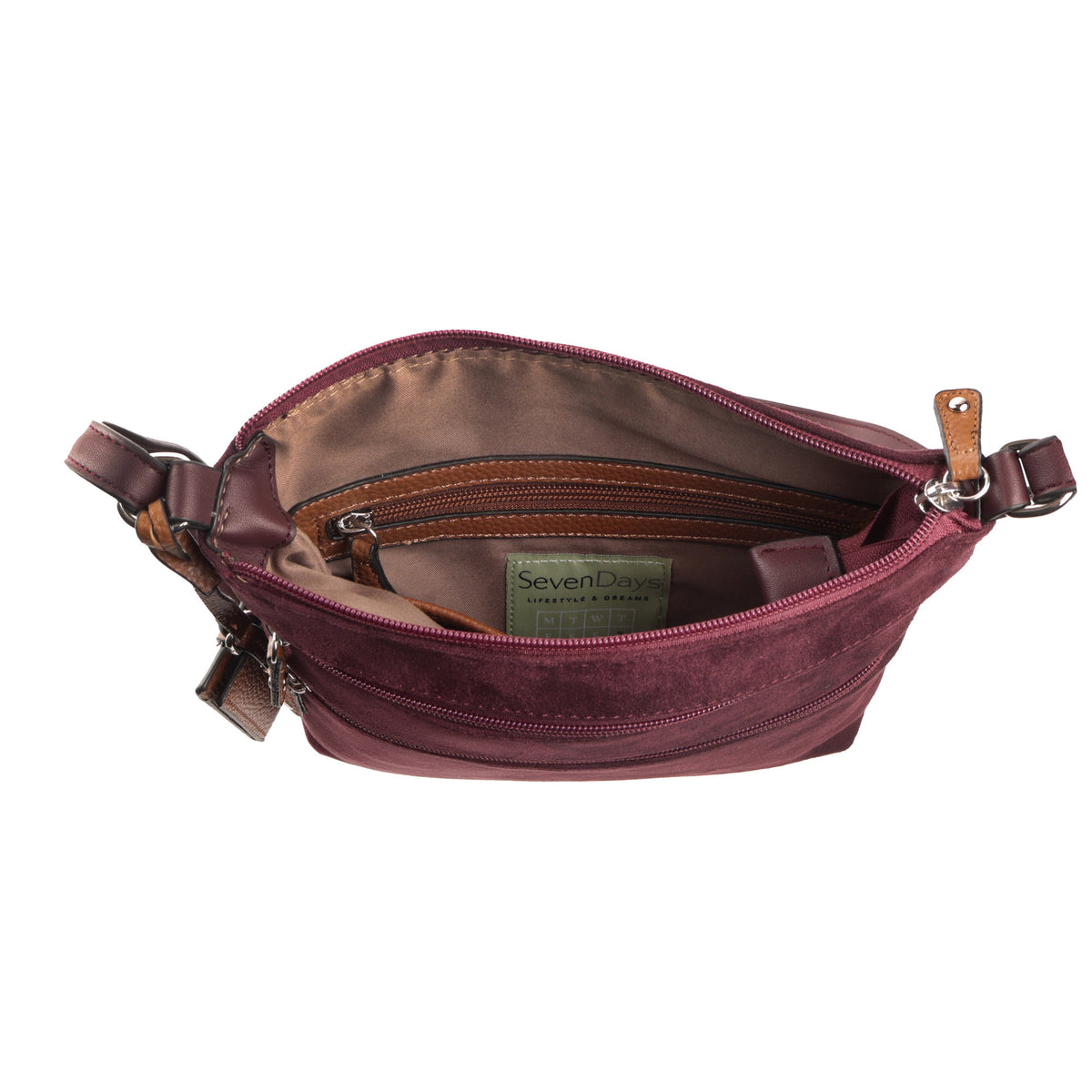 Seven Days Ghost Gum faux suede crossbody: maroon, tan interior, brown straps, zipper pocket for storage.