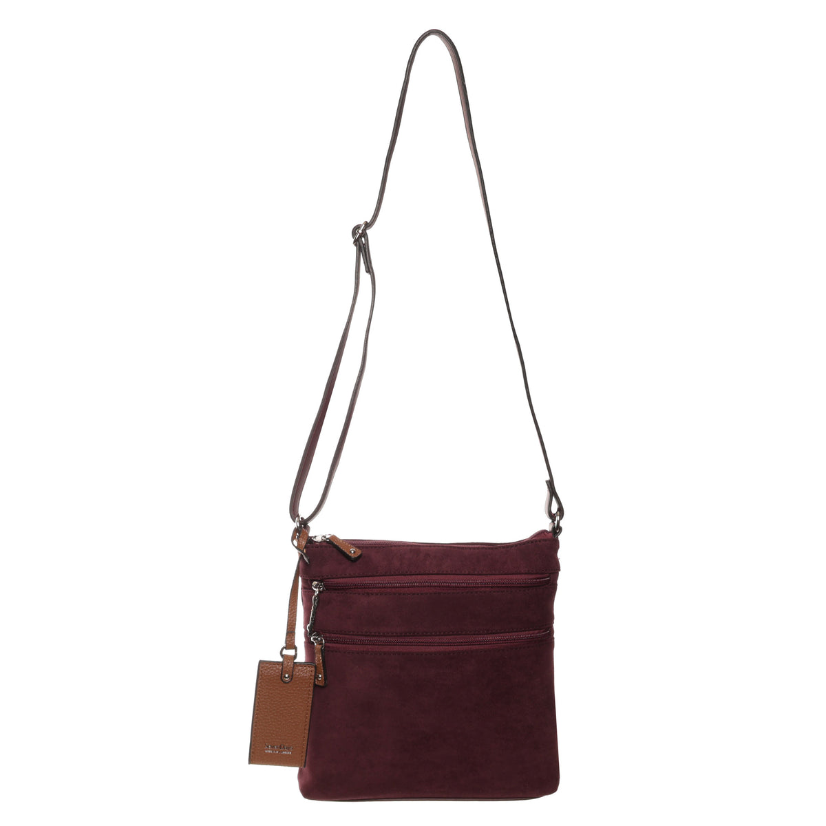 Seven Days Ghost Gum Faux Suede Crossbody in burgundy with storage and a brown adjustable strap.