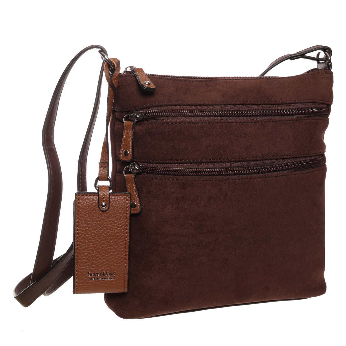 Seven Days Ghost Gum Faux Suede Crossbody: two zip pockets, adjustable strap, practical storage.