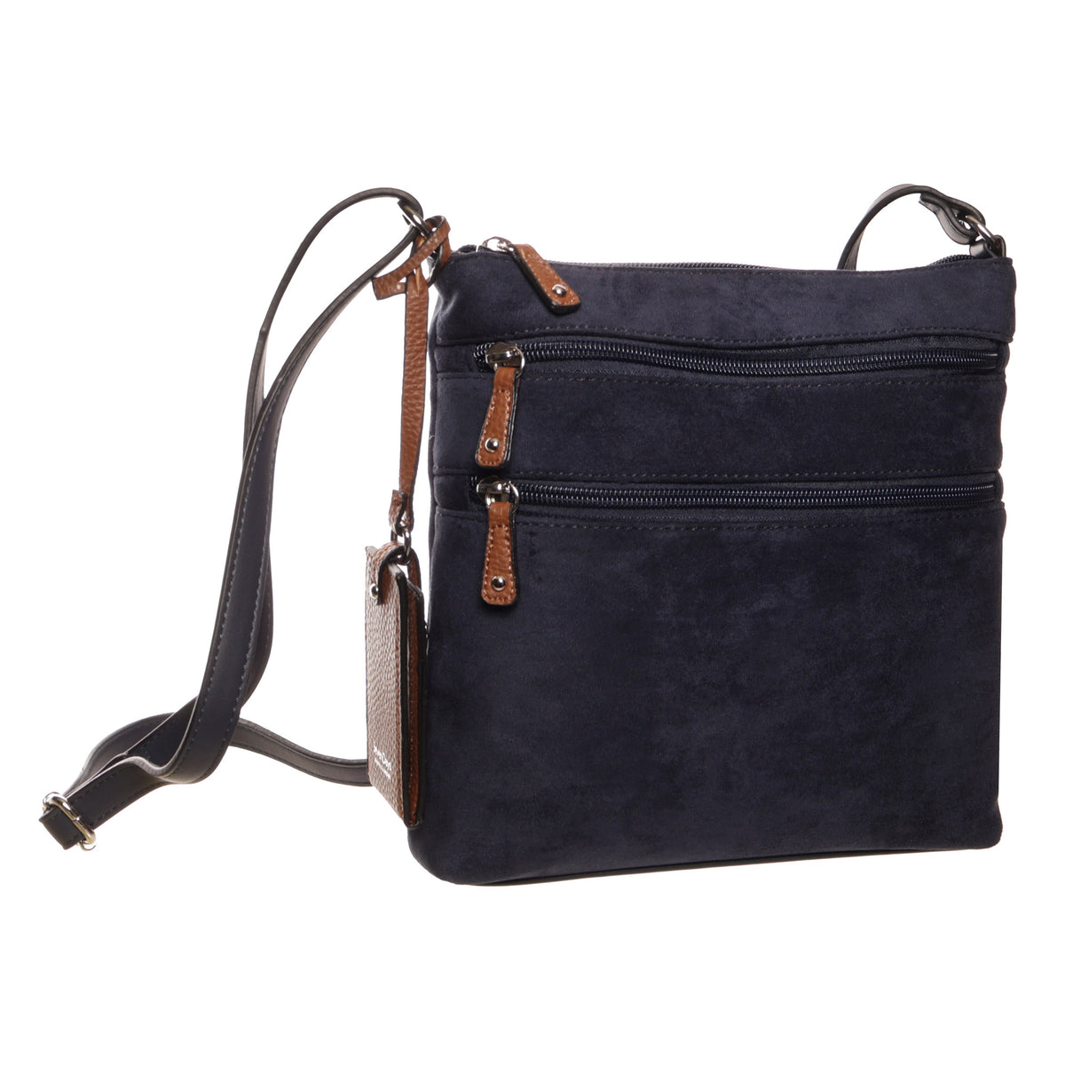 Seven Days Ghost Gum faux suede crossbody bag with brown accents and adjustable strap for practical storage.