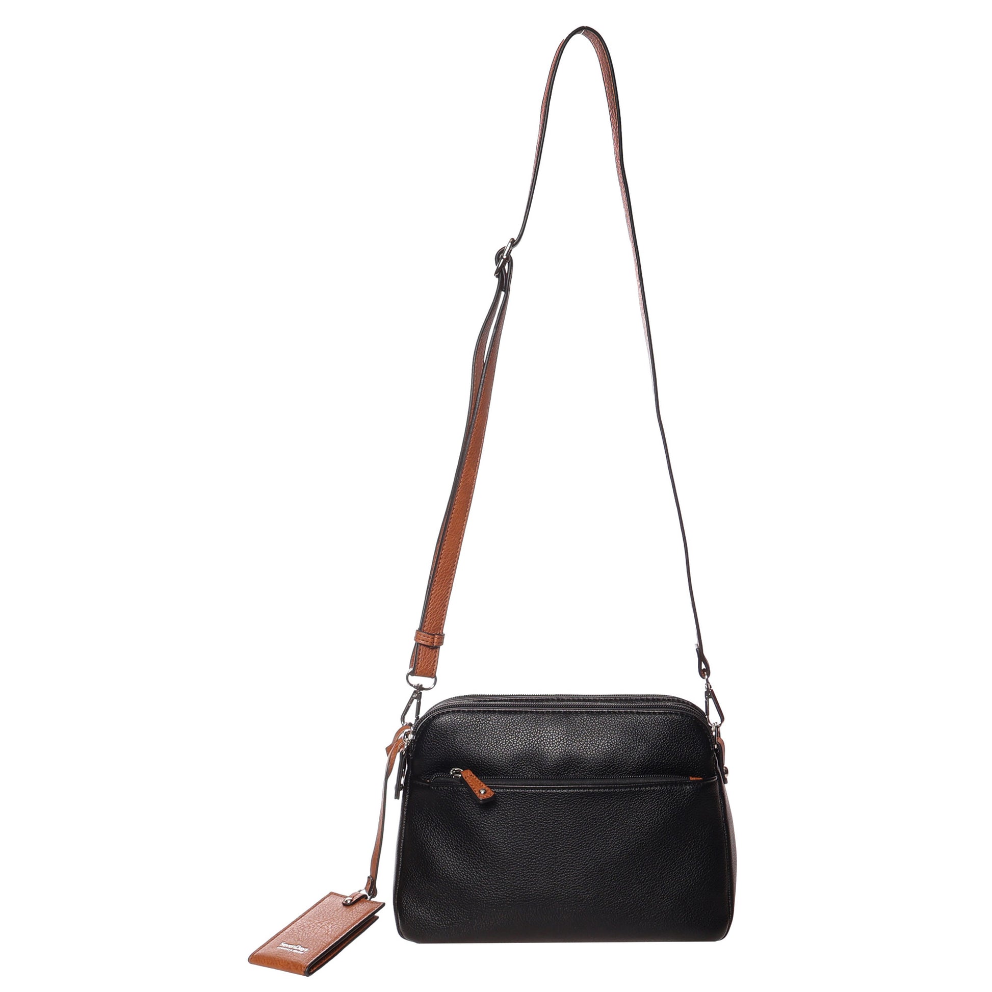 Seven Days Darby RFID Crossbody in black leather with brown adjustable strap and front zipper pocket.
