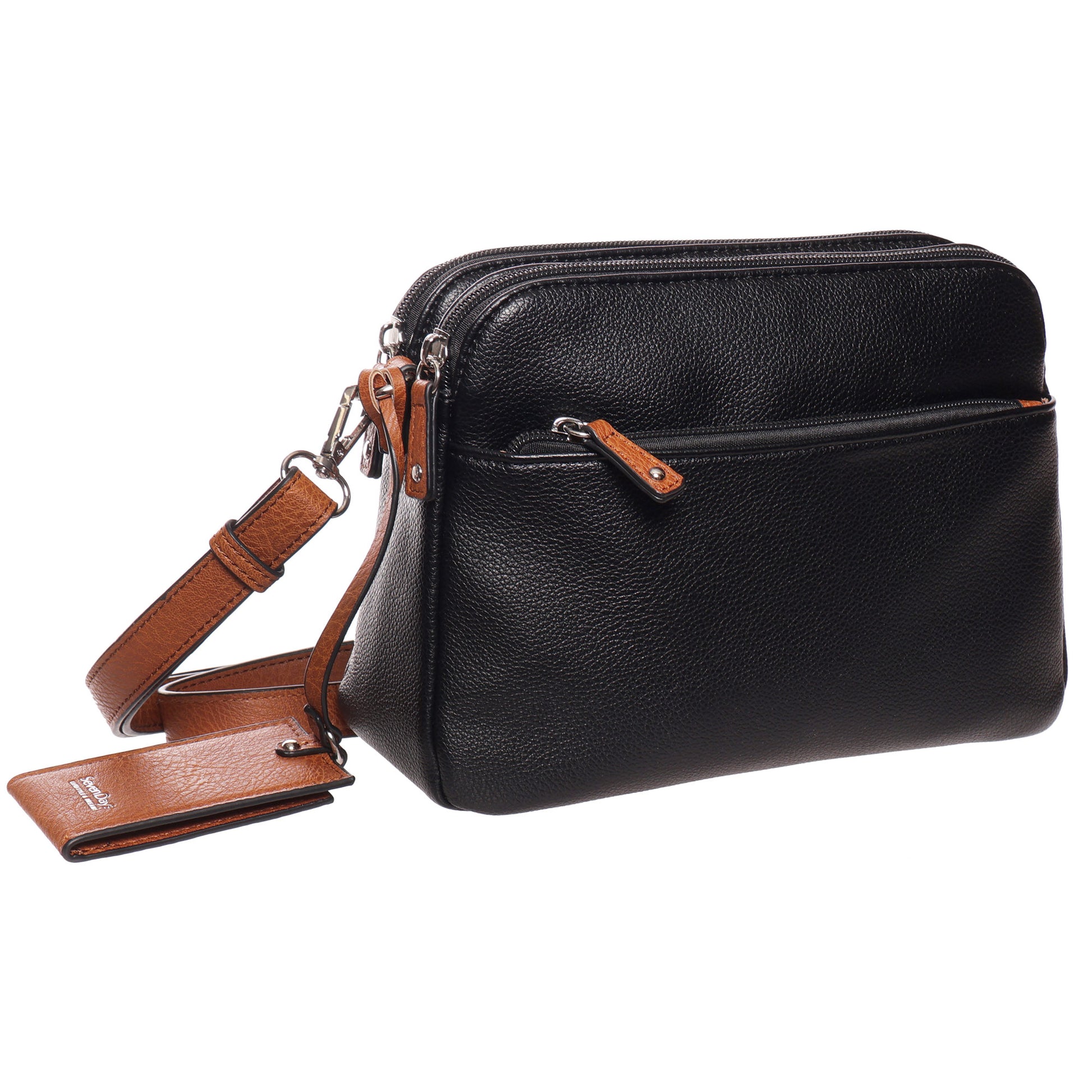 Seven Days Darby RFID Crossbody: black leather bag with brown accents, front zip pocket, and adjustable strap.