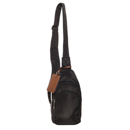Seven Days Kentucky Nylon Sling bag with front zip pocket and brown leather tag, perfect for cross-body style.