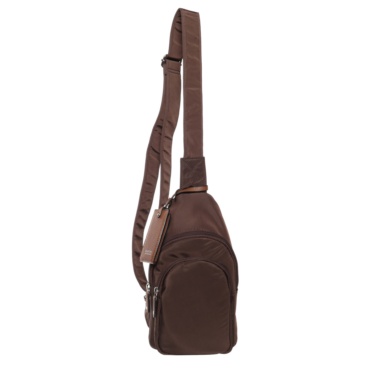 Seven Days Kentucky Nylon Sling bag, brown, with multiple zippers, side view on white background.