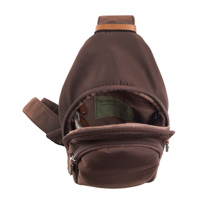 Seven Days Kentucky Nylon Sling backpack with zip pockets; ideal cross-body wear; Seven Days label inside.