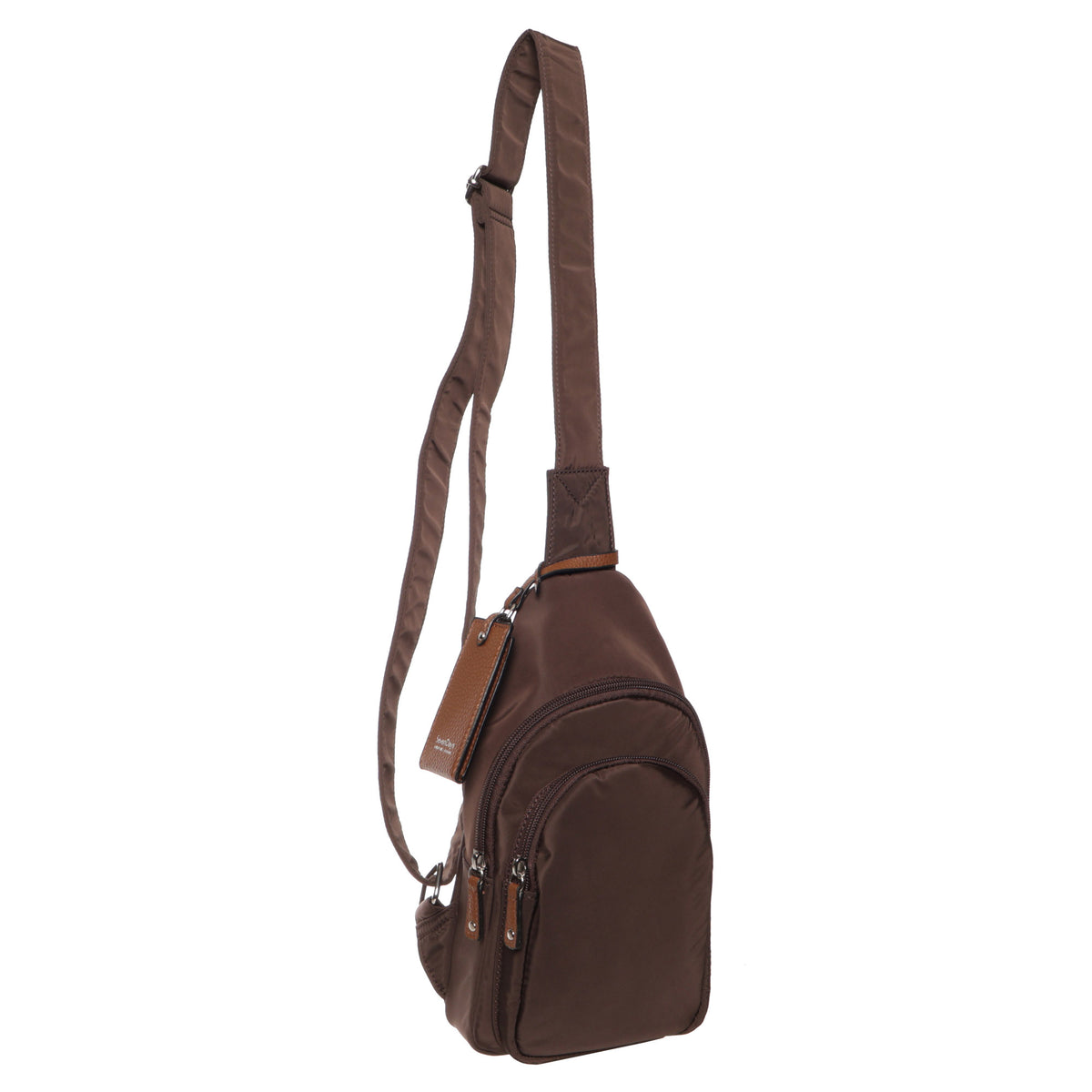 Seven Days Kentucky Nylon Sling—brown, adjustable strap, zippered pockets, tan tag; ideal cross-body bag.