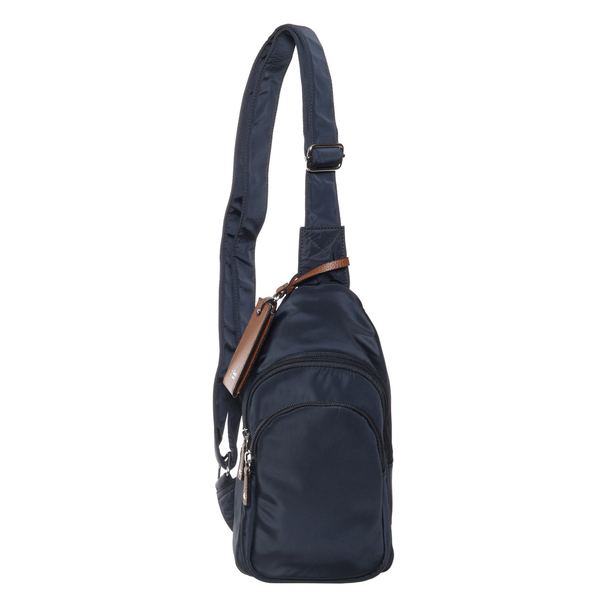 Seven Days Kentucky Nylon Sling bag in navy with adjustable strap and two zip pockets, shown on white.