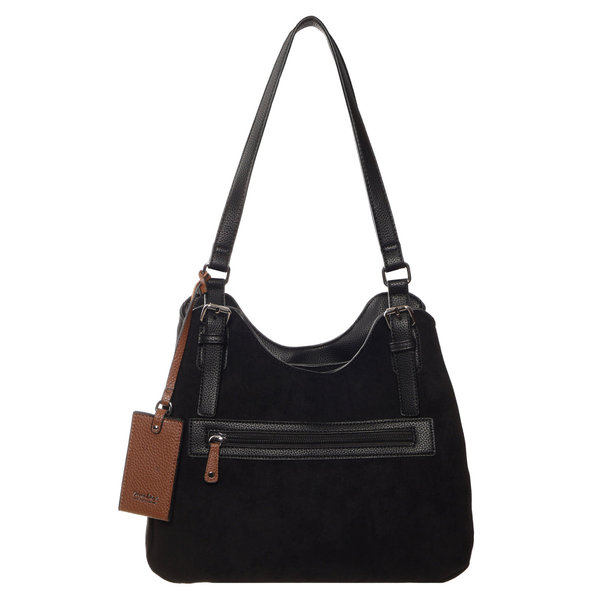 Seven Days Jelly Fish Faux Suede Handbag with black straps, front zip pocket & brown leather keychain.