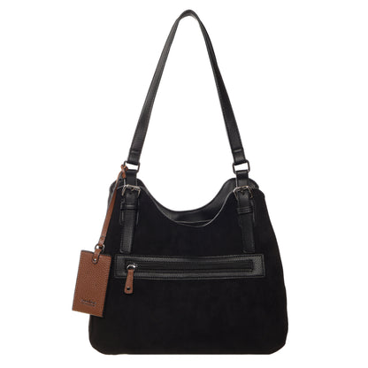 Seven Days Jelly Fish Faux Suede Handbag with black straps, front zip pocket & brown leather keychain.