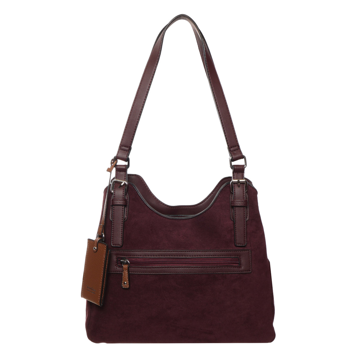 Seven Days Jelly Fish Faux Suede Handbag, burgundy, double handles, front zip pocket, triple compartments.
