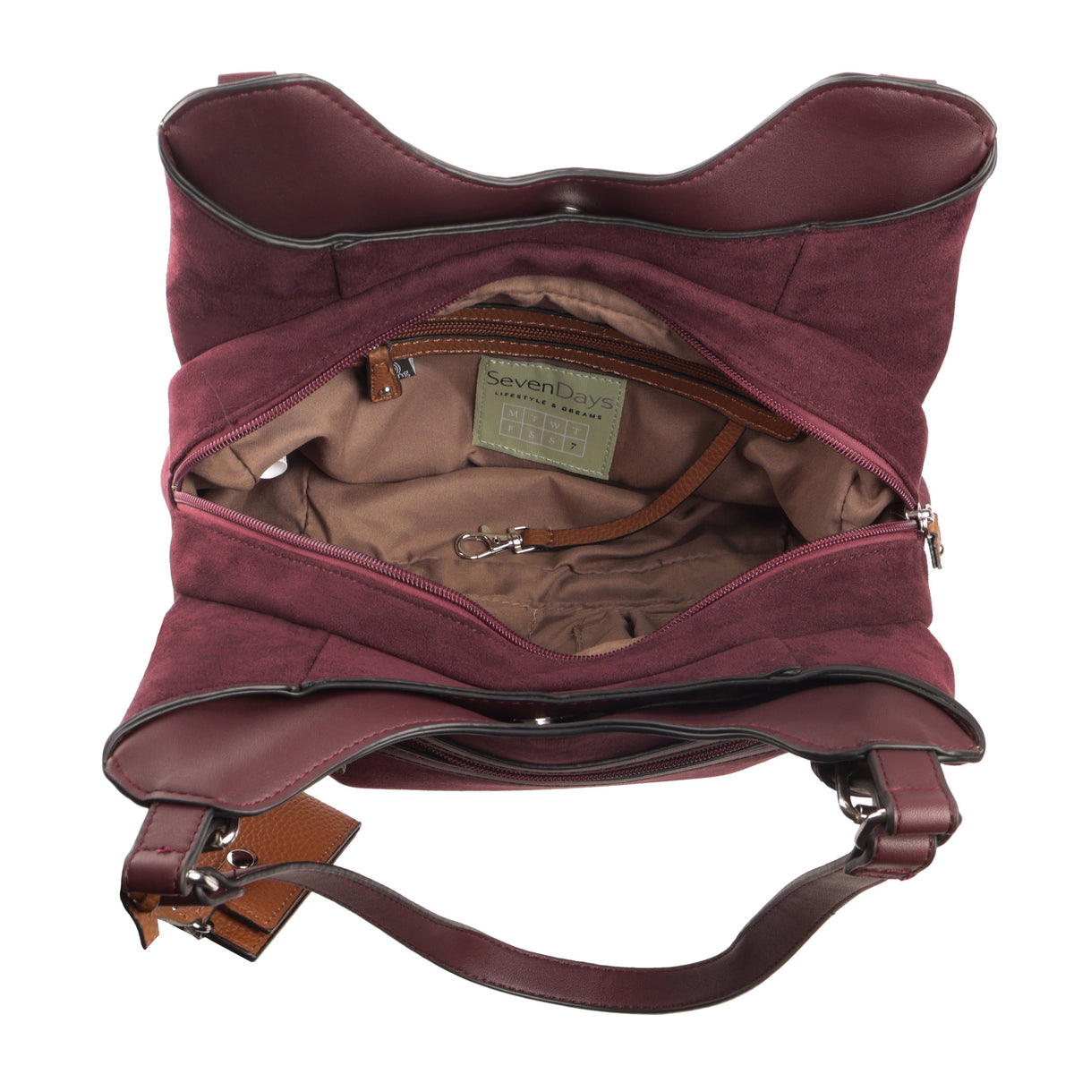 Open maroon Seven Days Jelly Fish handbag shows beige interior, zipper pocket, and sewn-in brand label.