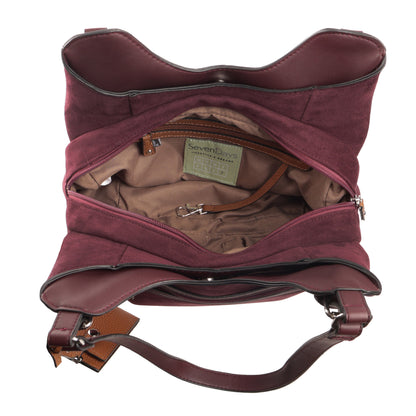Open maroon Seven Days Jelly Fish handbag shows beige interior, zipper pocket, and sewn-in brand label.