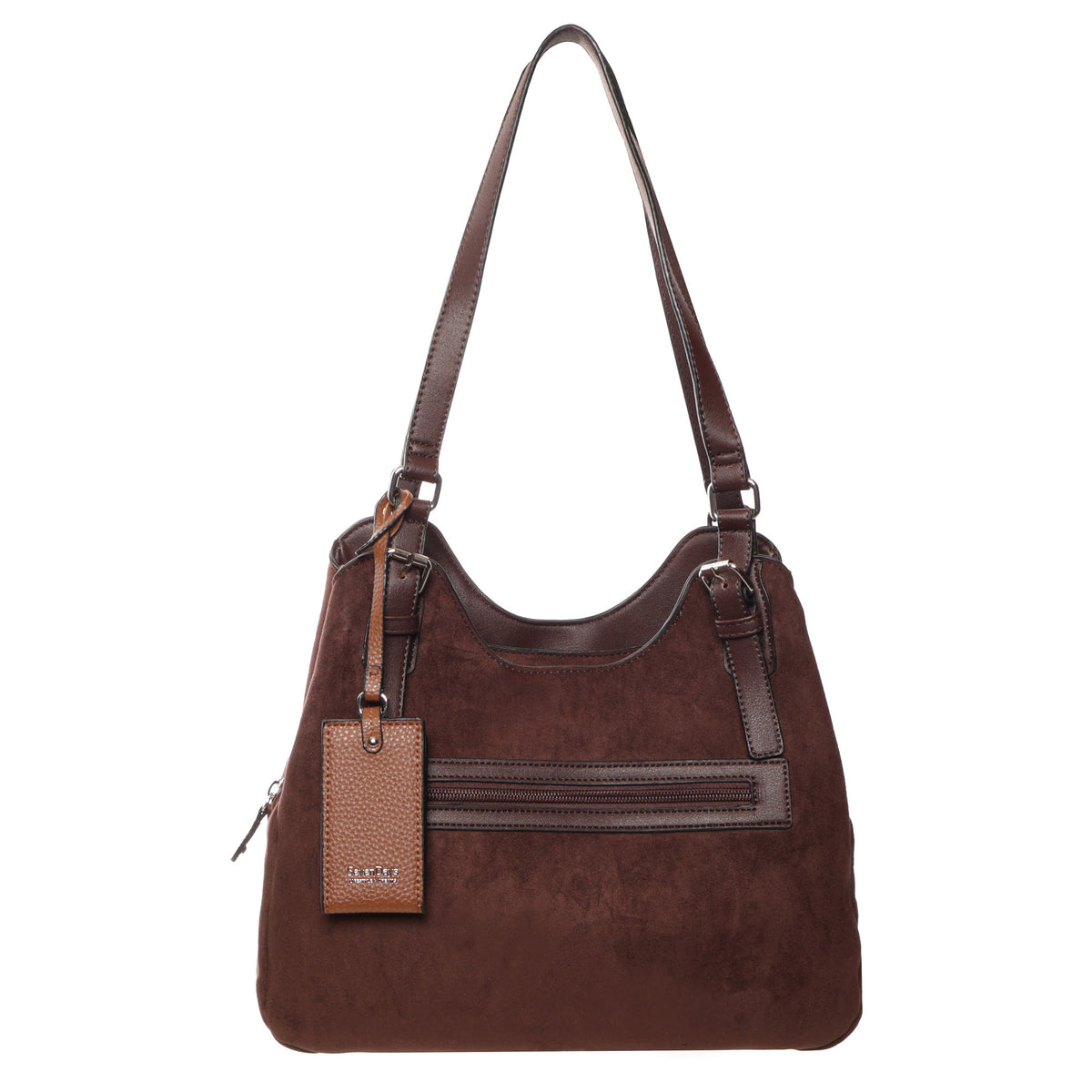 Seven Days Jelly Fish Faux Suede Handbag—brown, leather straps, front zip pocket, chic and practical.