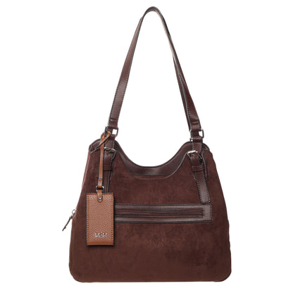 Seven Days Jelly Fish Faux Suede Handbag—brown, leather straps, front zip pocket, chic and practical.