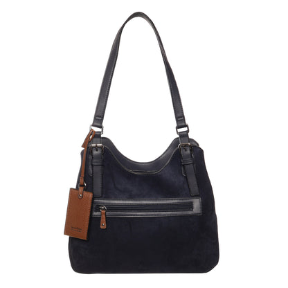 Seven Days Jelly Fish Faux Suede Handbag with triple compartments, front zip pocket, and double straps.