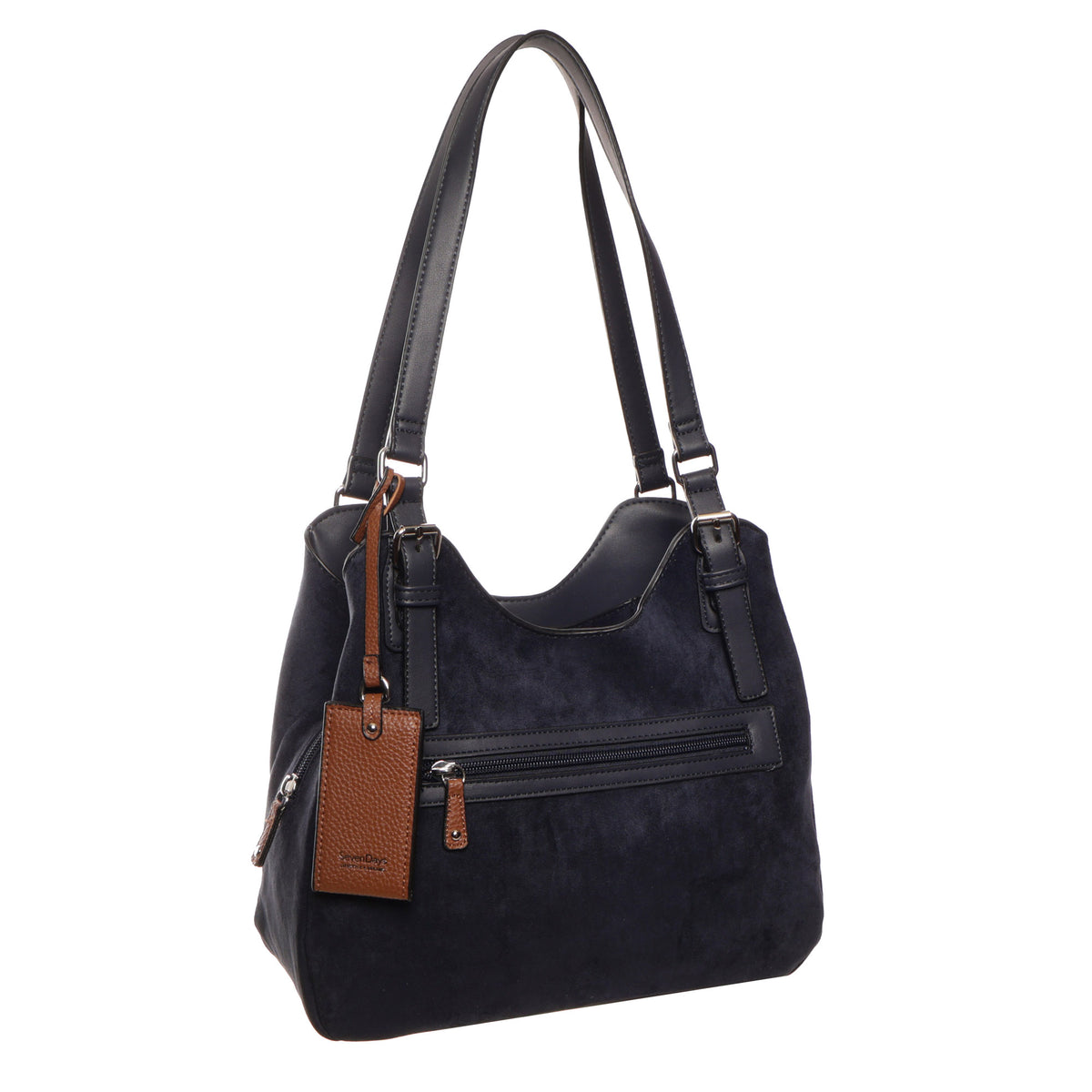 Seven Days Jelly Fish Faux Suede Handbag—navy, black straps, 3 compartments, front zip pocket, brown tag.