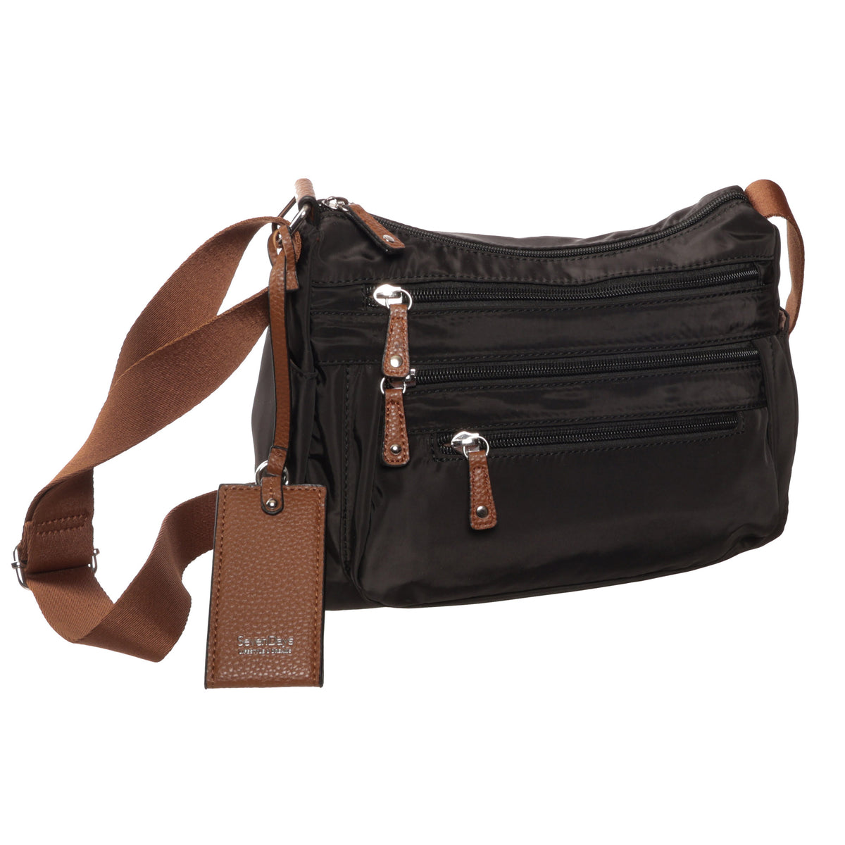 Seven Days Moon Willow Nylon Crossbody bag with adjustable strap, brown tag, and zippered pockets.