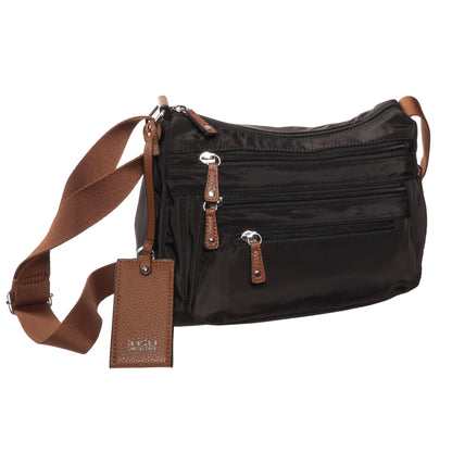 Seven Days Moon Willow Nylon Crossbody bag with adjustable strap, brown tag, and zippered pockets.