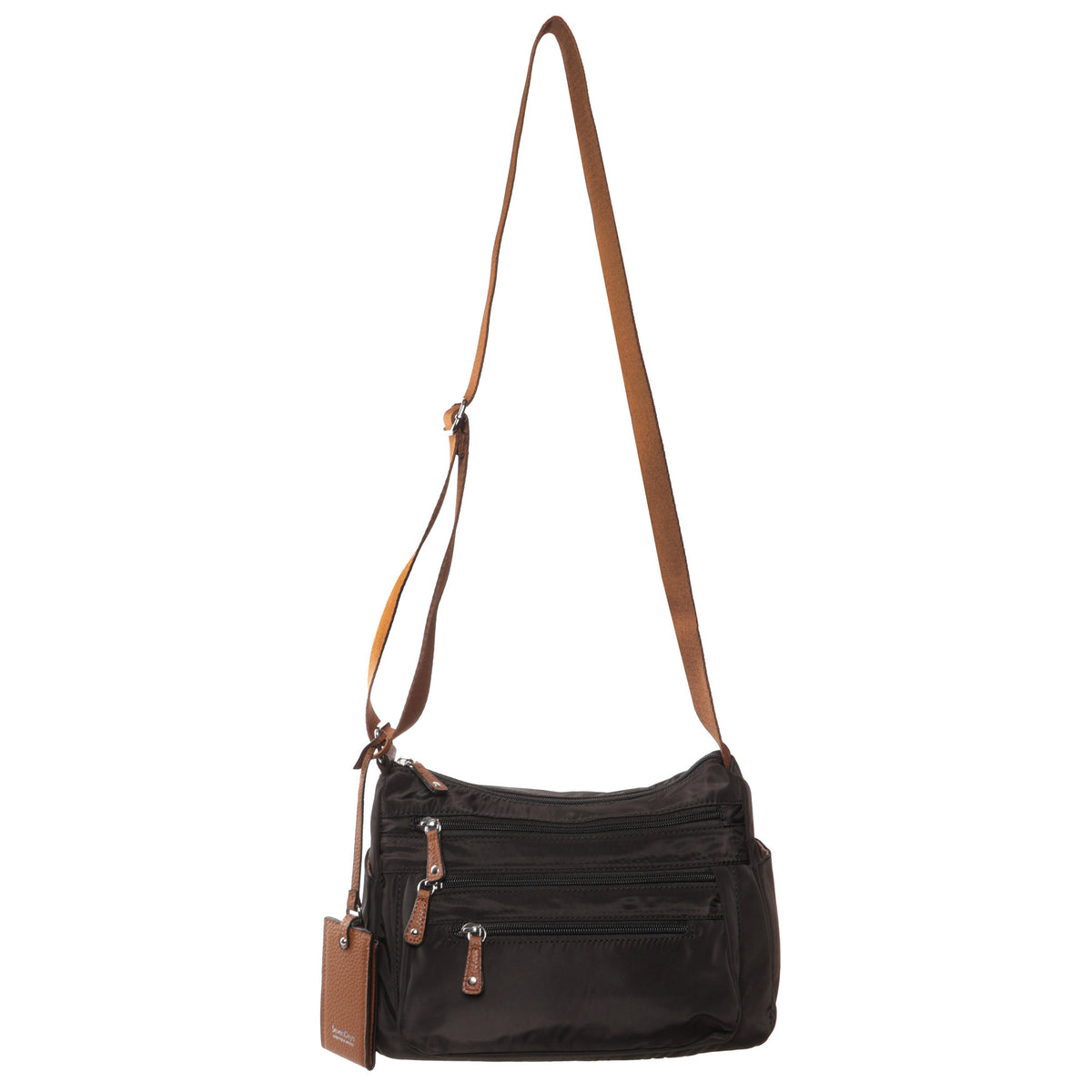 Seven Days Moon Willow Nylon Crossbody with brown strap and zip pockets, perfect for travel.
