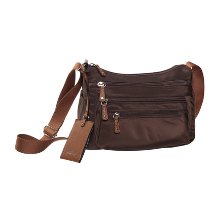 Seven Days Moon Willow Nylon Crossbody: multiple zip pockets, adjustable strap. By Seven Days.
