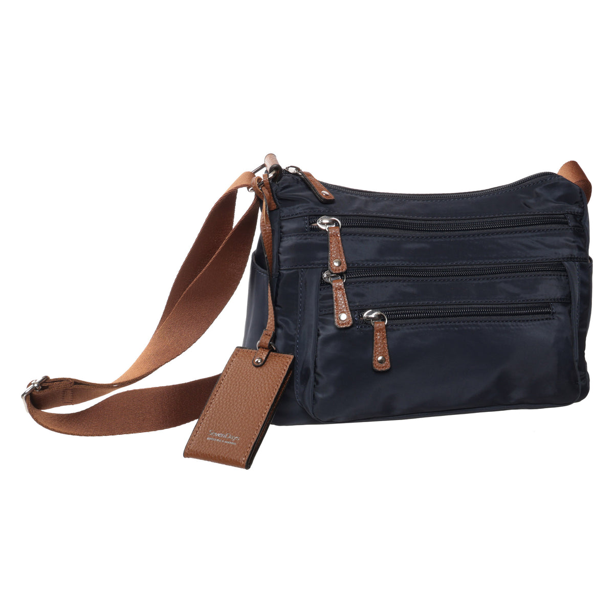 Seven Days Moon Willow Nylon Crossbody with brown adjustable strap and three front zippered pockets.