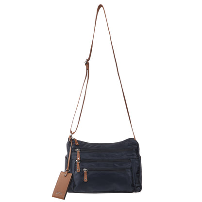 Seven Days Willow Nylon Crossbody features a brown adjustable strap, front zippers, and a side tag.