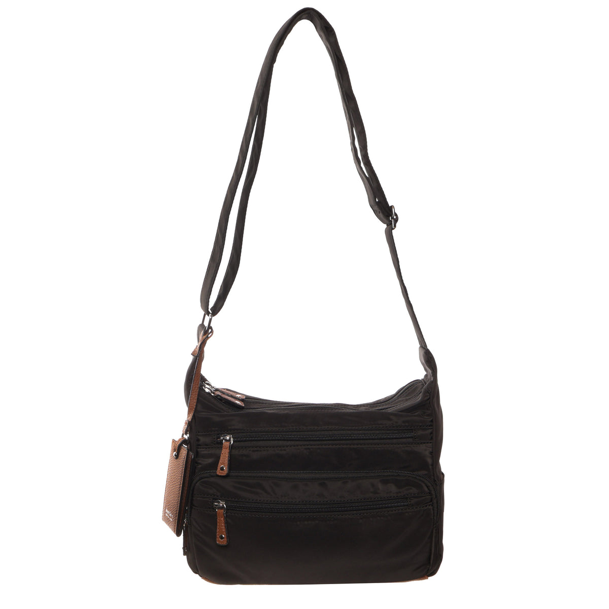 Seven Days Monkey Puzzle Nylon Crossbody: black, two front zips, adjustable strap—perfect for daily use.
