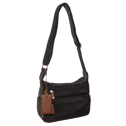 Seven Days Monkey Puzzle Nylon Crossbody: black, two front zips, brown leather tag, adjustable strap.