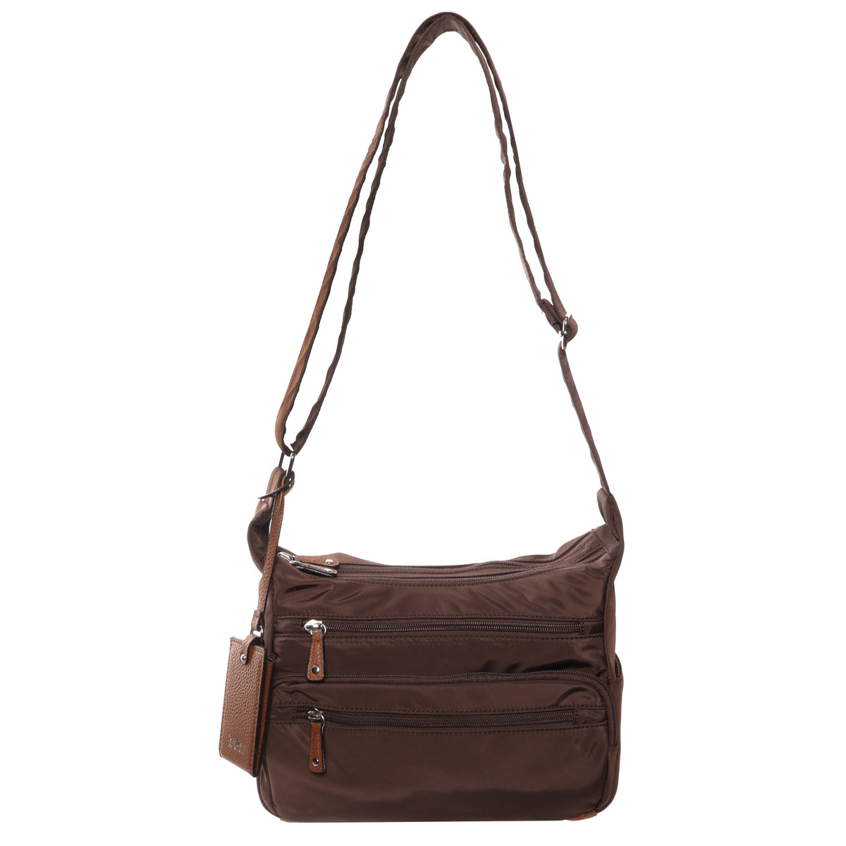 Seven Days Monkey Puzzle Nylon Crossbody: brown, 2 front zip pockets & adjustable strap for everyday use.