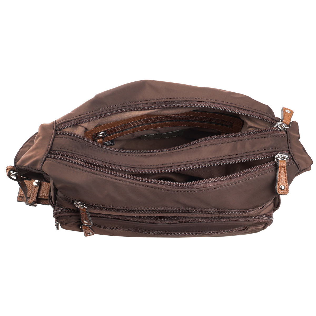 Seven Days Monkey Puzzle nylon crossbody bag with adjustable strap and zippered compartments, shown open.