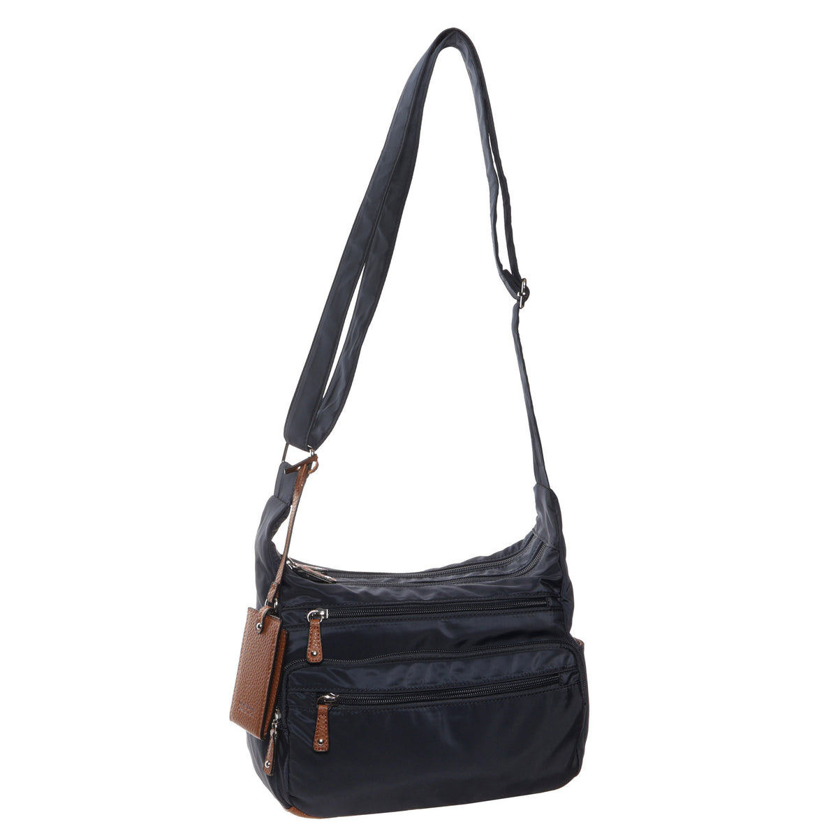 Seven Days Monkey Puzzle Nylon Crossbody: black bag with brown zippers, adjustable strap—ideal for daily use.