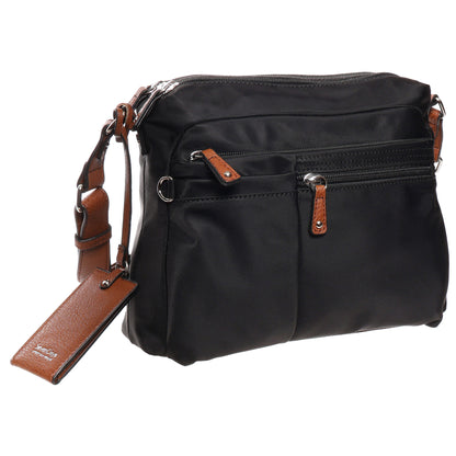 Seven Days Araucaria Nylon Crossbody: black with zip pockets, brown leather trim, and adjustable strap.
