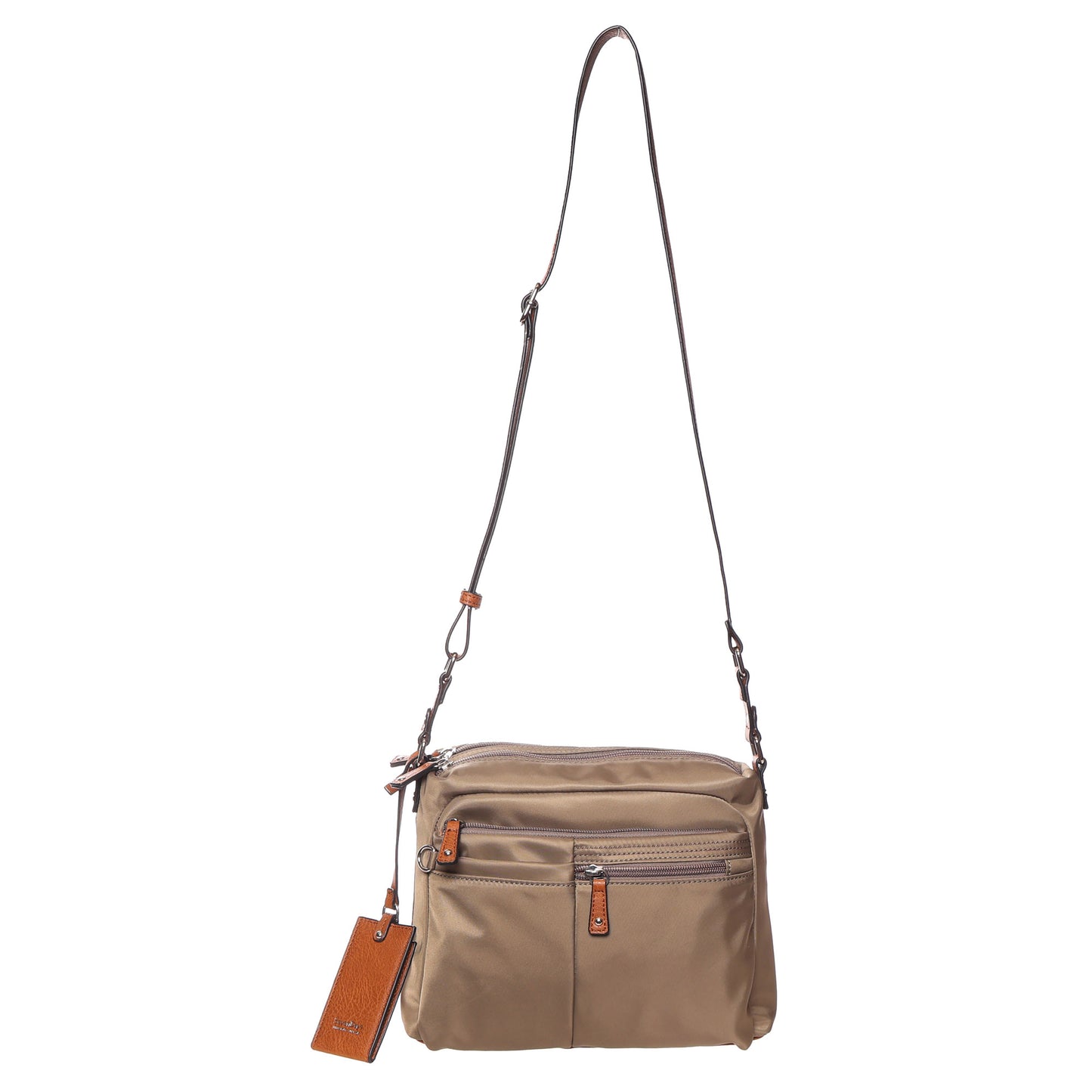 Seven Days Araucaria Nylon Crossbody: beige bag with zip compartments, adjustable strap, and brown leather tag.