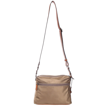Seven Days Araucaria Nylon Crossbody in beige with zip pockets and adjustable strap, shown on a white background.