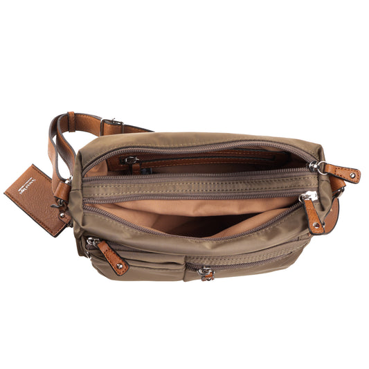Product Image – Seven Days Araucaria Nylon Crossbody: khaki bag with brown leather accents, adjustable strap, zip compartments.