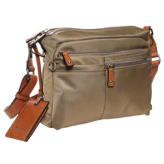 Product Image – Seven Days Araucaria Nylon Crossbody: olive green bag with zip compartments, leather accents, and adjustable strap.