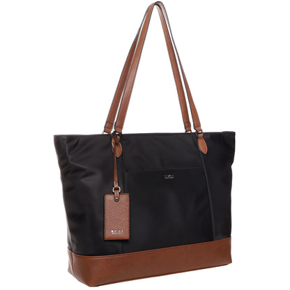 Seven Days Pachira Nylon Tote in black and brown with long handles, laptop slip, and luggage tag.