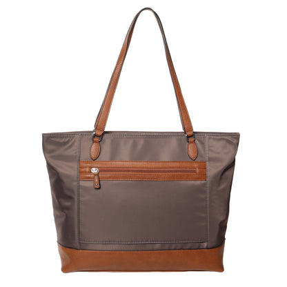 Seven Days Pachira Nylon Tote: gray nylon, brown leather handles, zip pocket, laptop slip for daily security.