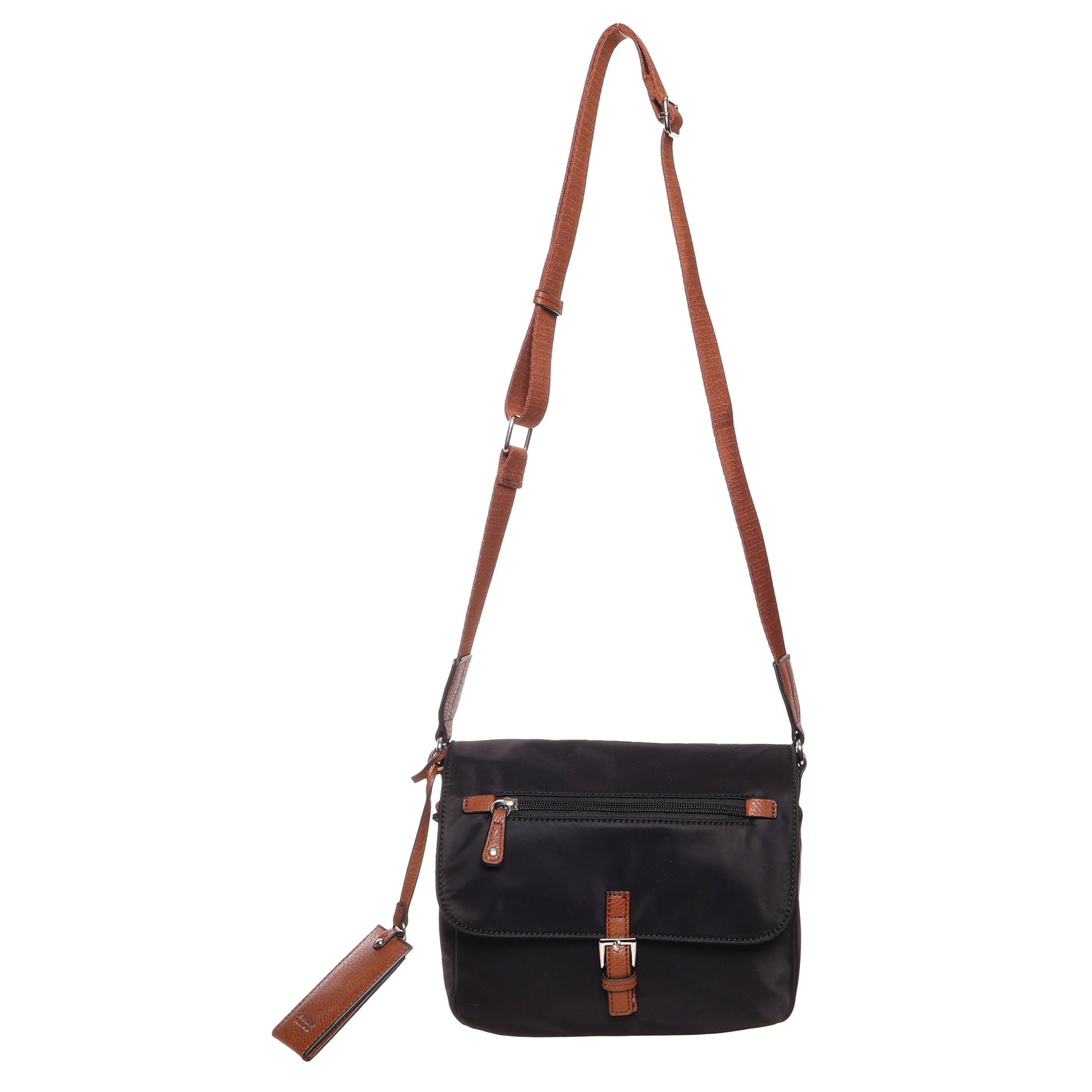 Seven Days Ginkgo Nylon Crossbody with organized storage, front zip pocket, buckle detail, and adjustable strap.
