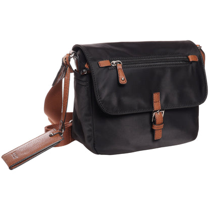 Seven Days Ginkgo Nylon Crossbody with brown trim, front zip pocket, and adjustable strap.