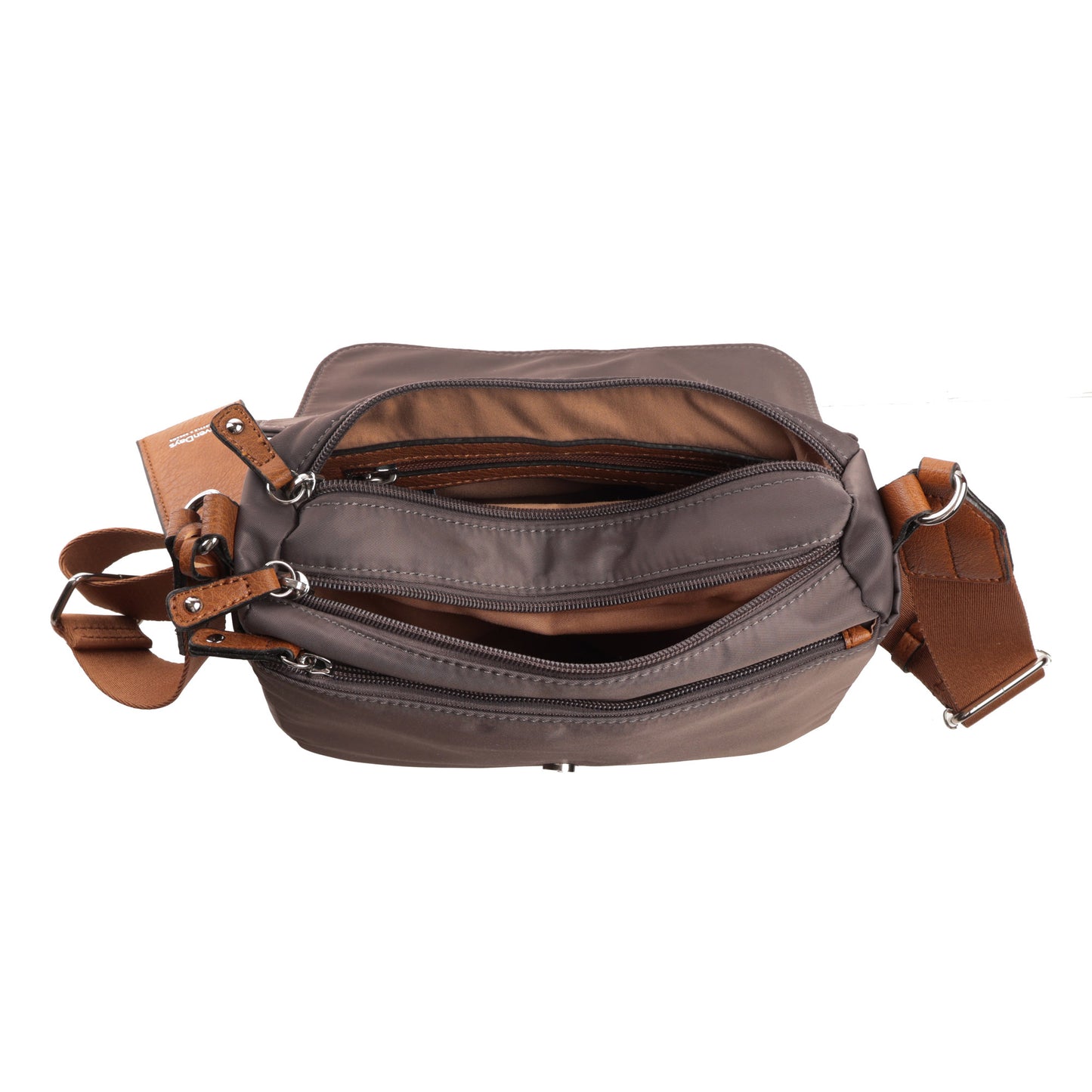 Seven Days Ginkgo Nylon Crossbody features three zippered compartments for organized storage.